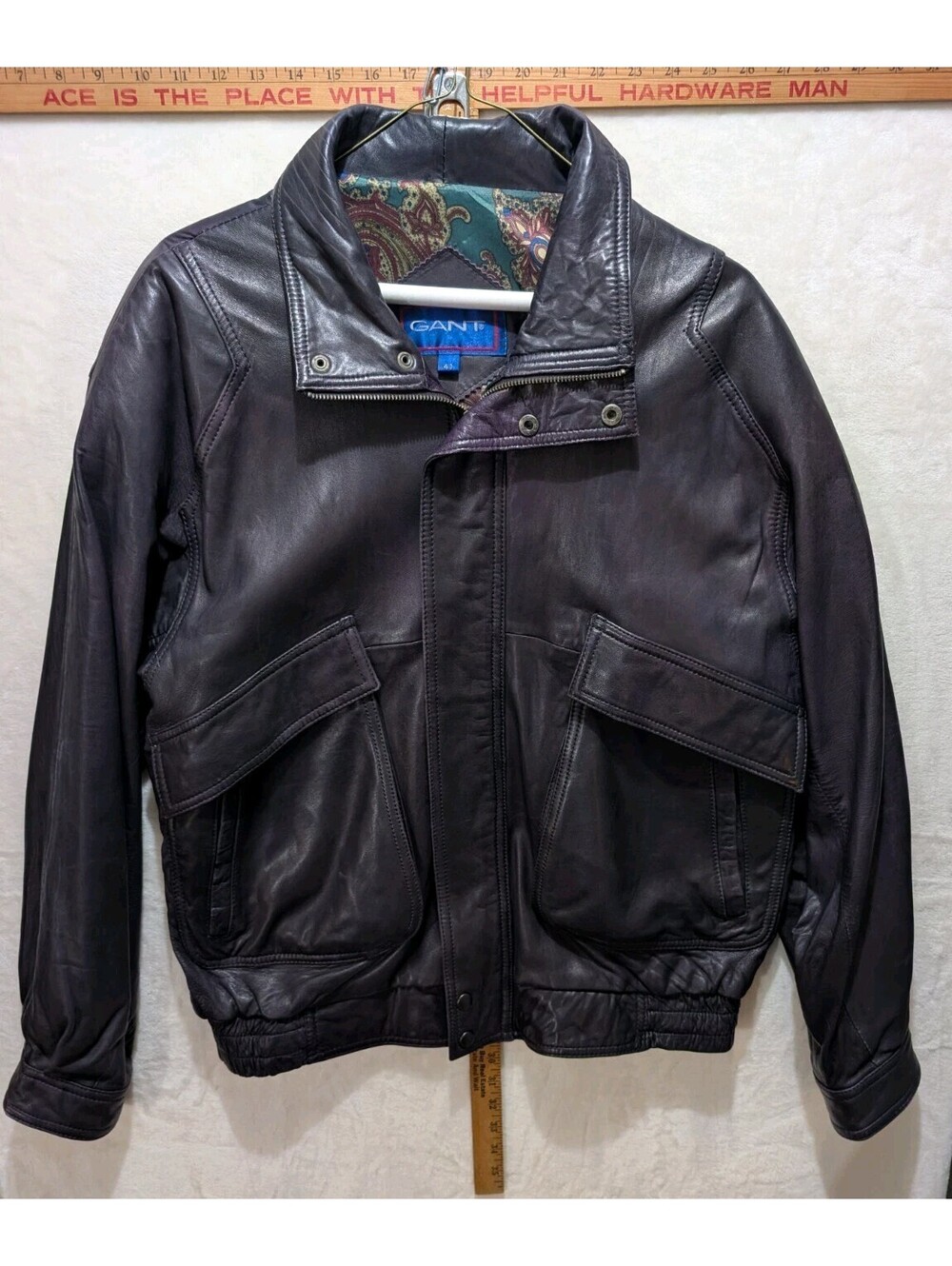Vintage Gant Men's Heavy Leather Aviator Bomber Jacket Size 40 Brown with Paisey